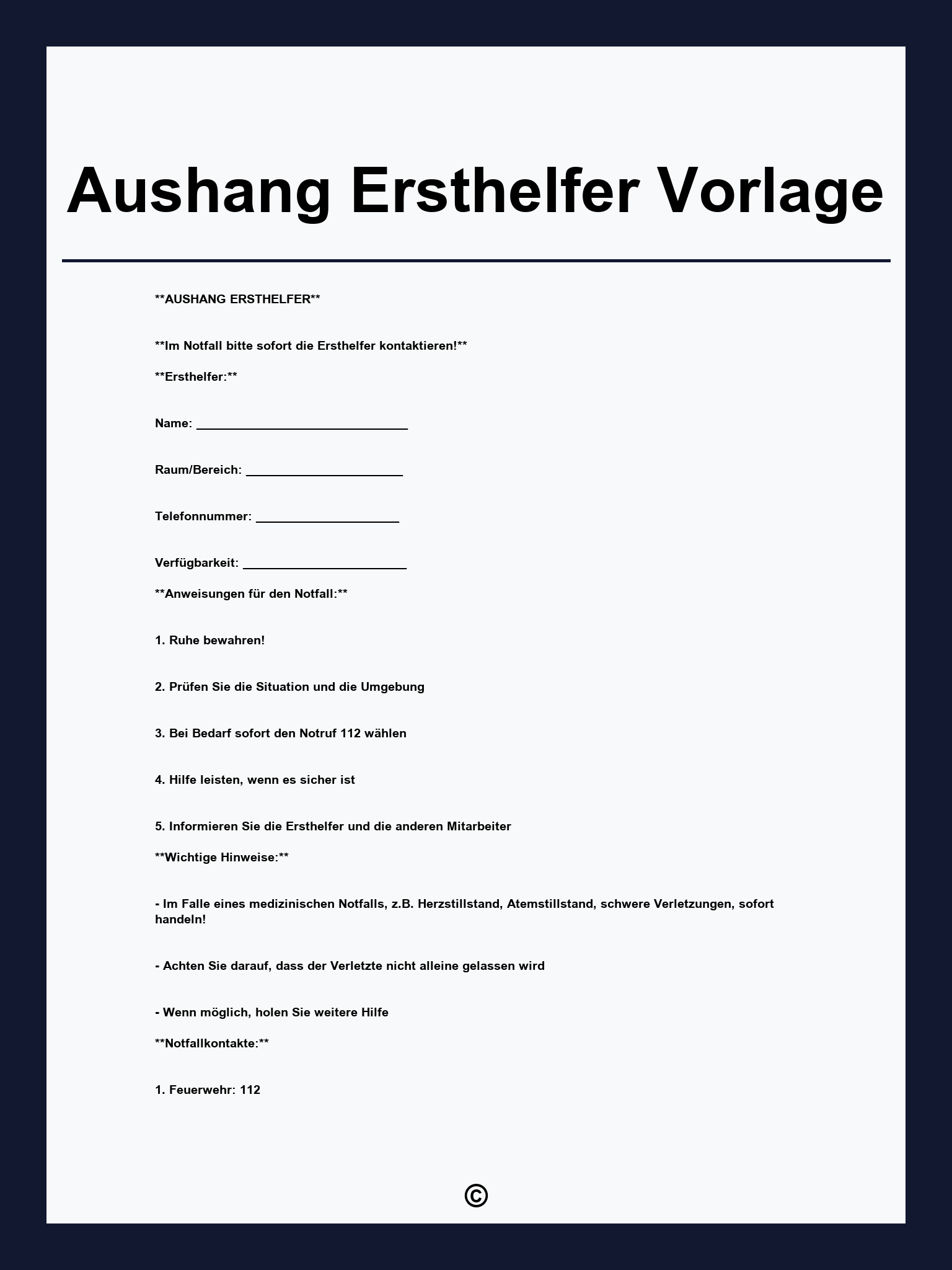 Aushang Ersthelfer Vorlage