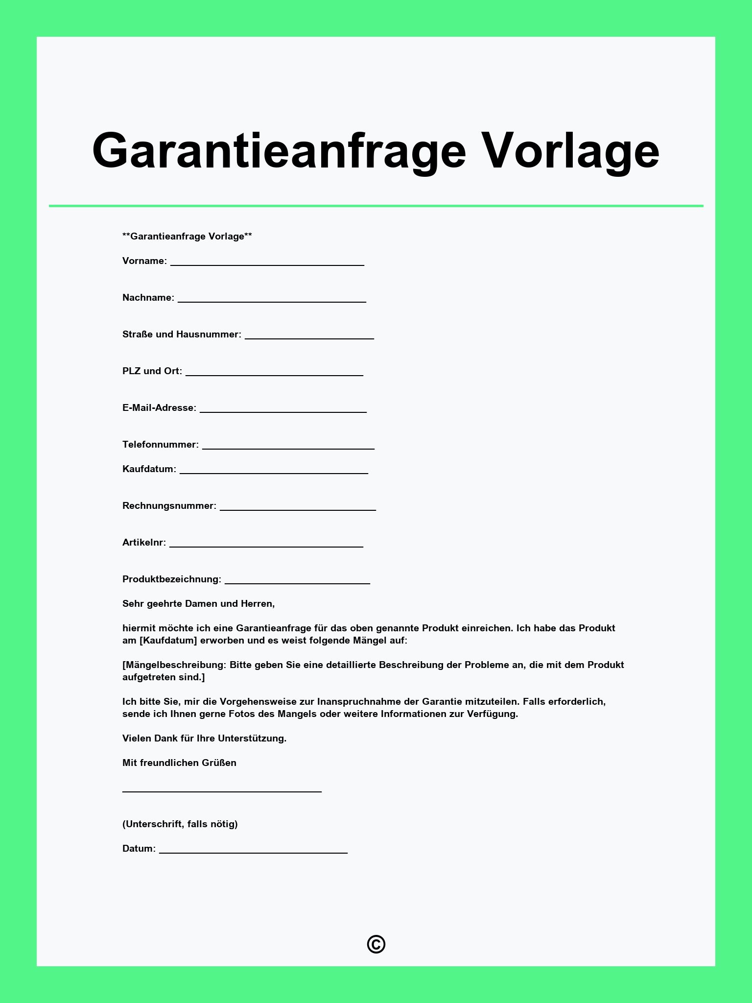 Garantieanfrage Vorlage