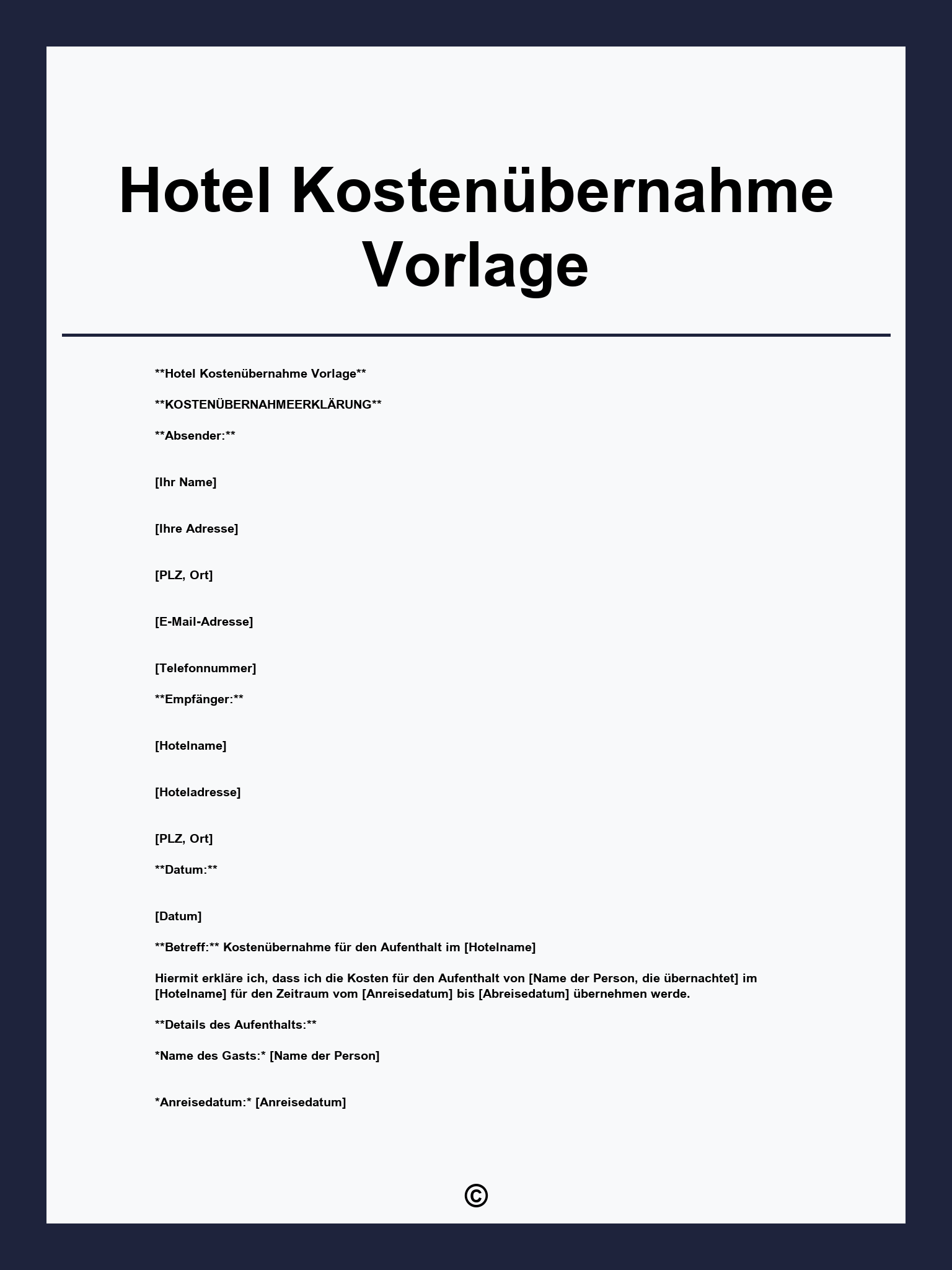 Hotel Kostenübernahme Vorlage