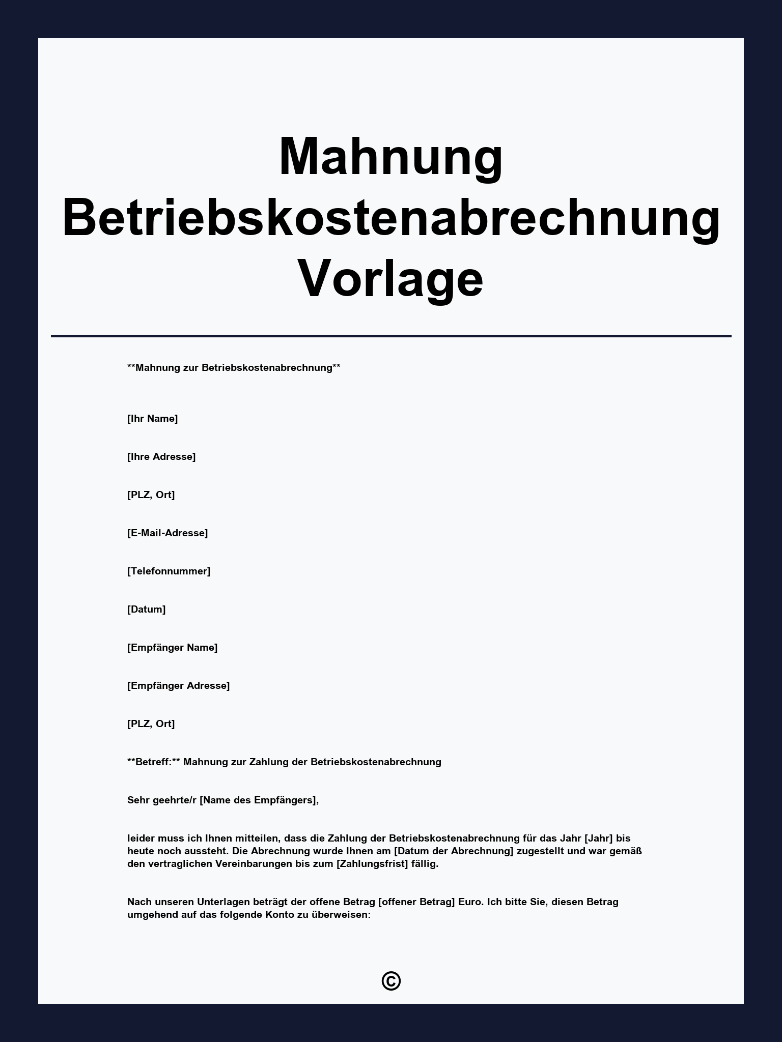 Mahnung Betriebskostenabrechnung Vorlage