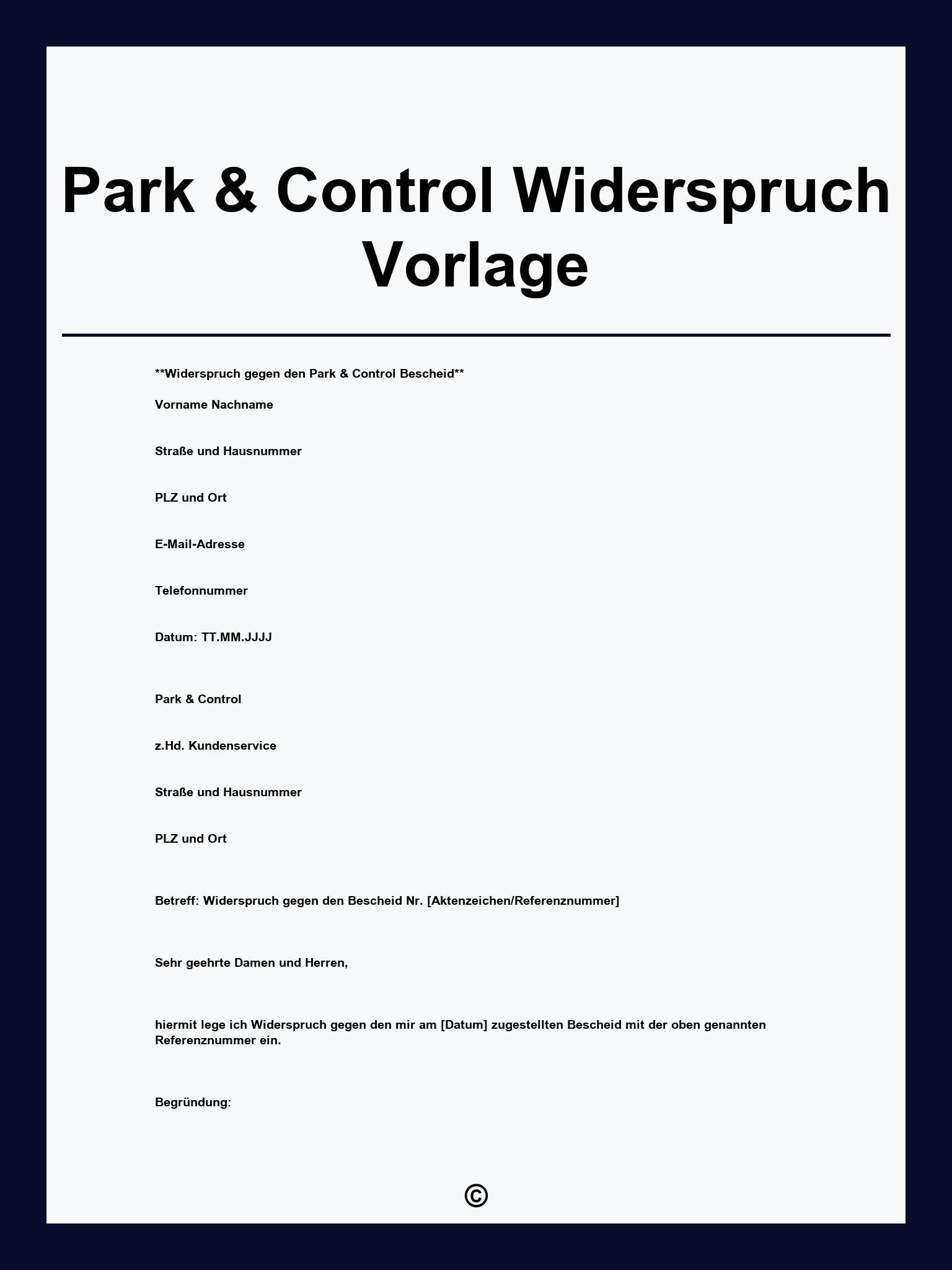Park & Control Widerspruch Vorlage