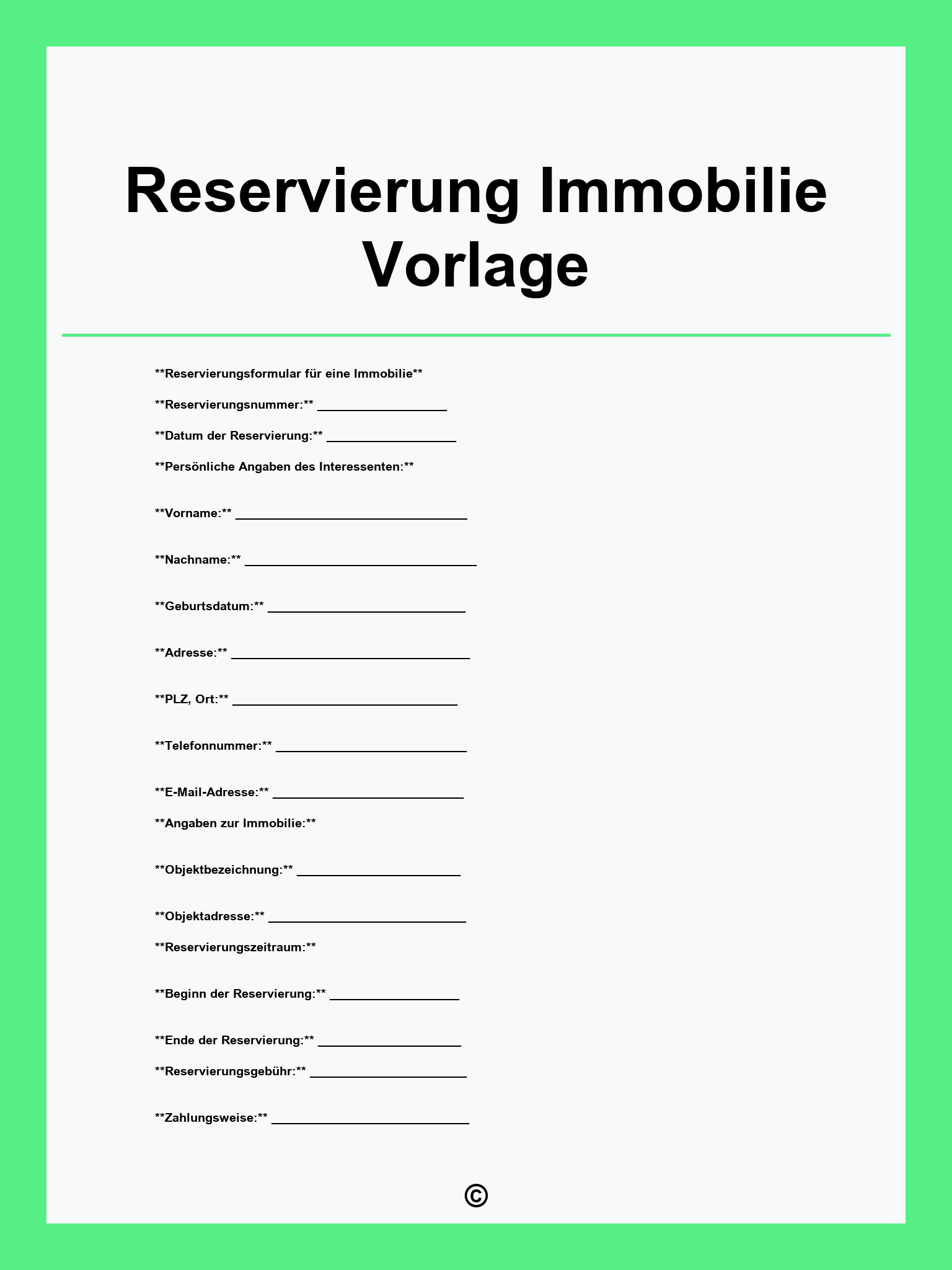 Reservierung Immobilie Vorlage