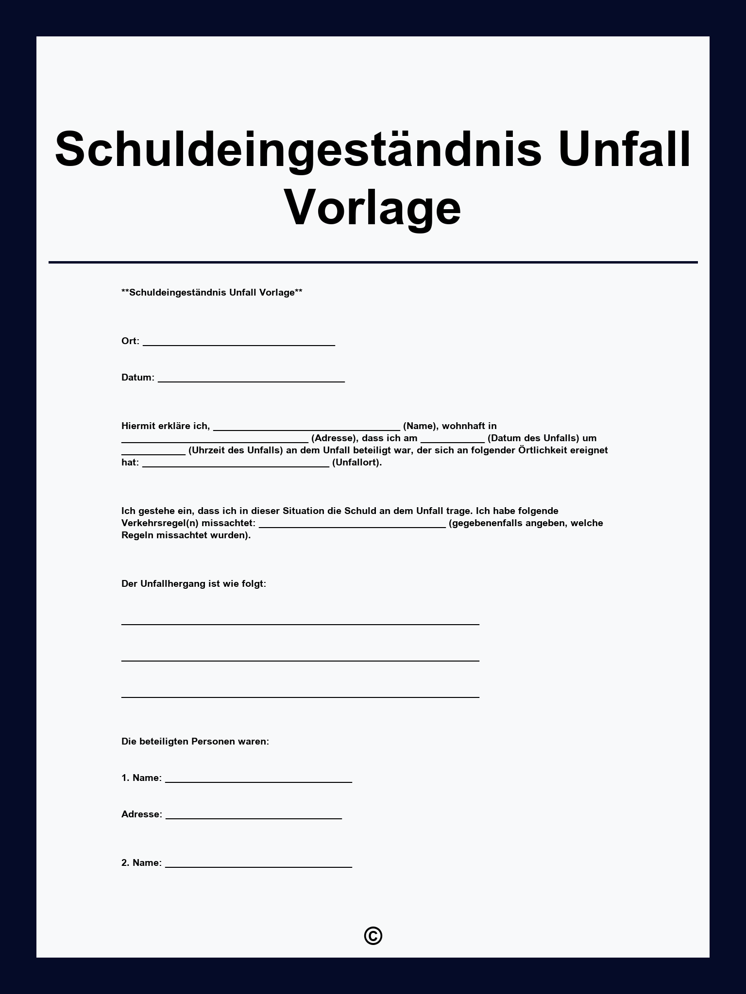Schuldeingeständnis Unfall Vorlage