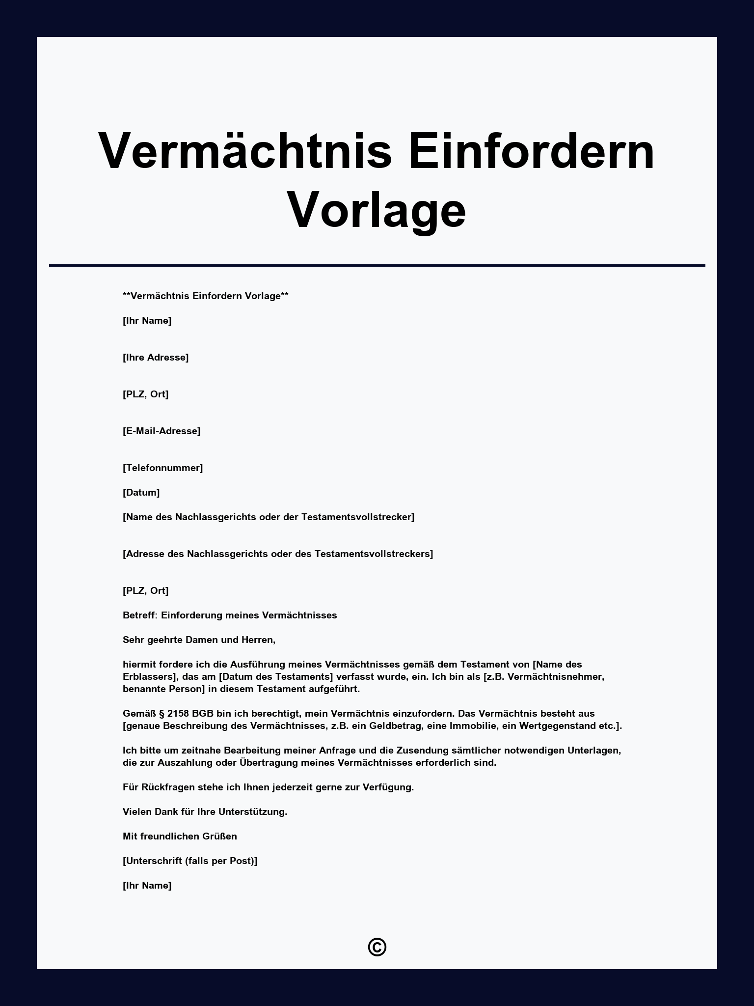 Vermächtnis Einfordern Vorlage