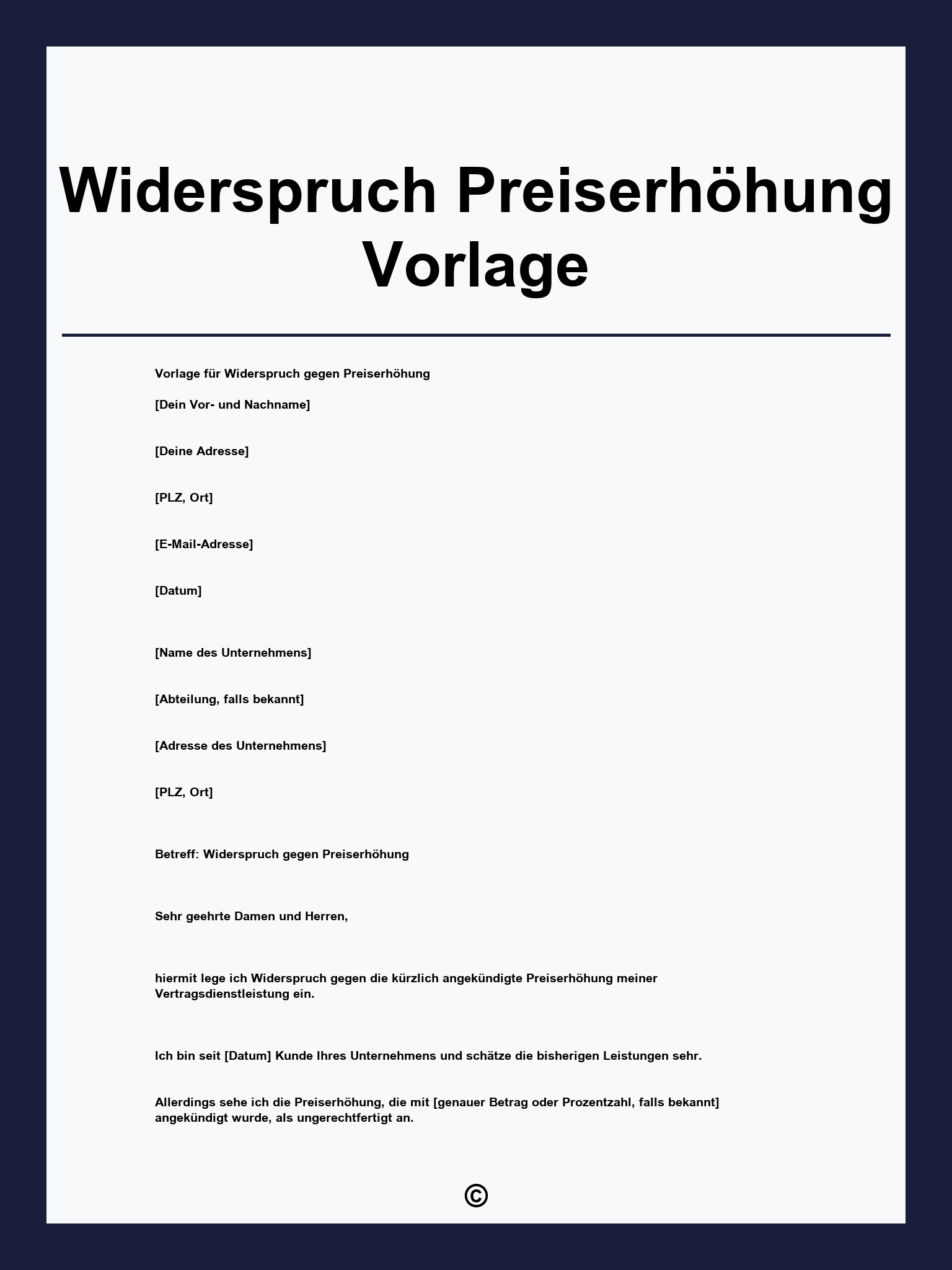 Widerspruch Preiserhöhung Vorlage